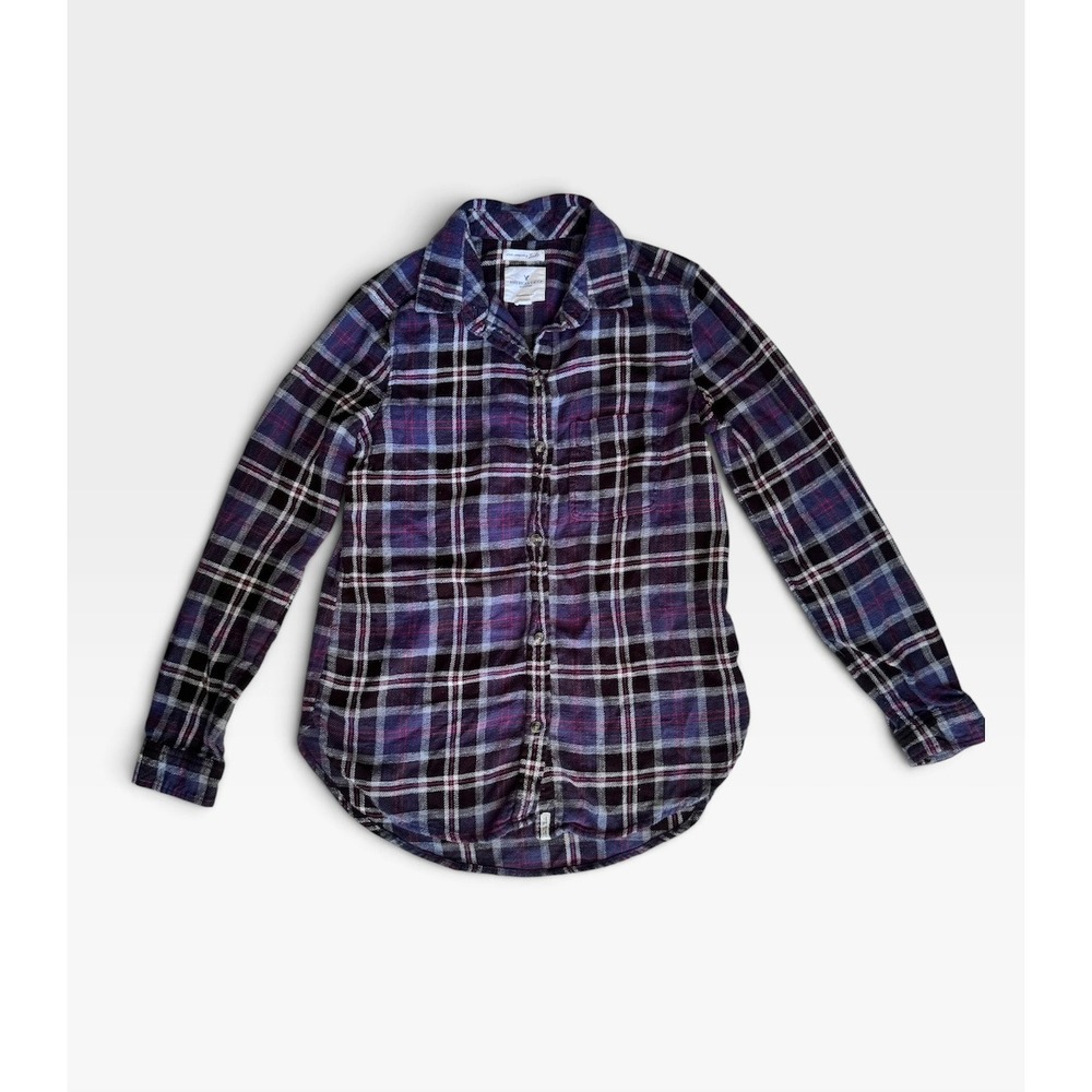 American Eagle Ahh-Mazingly Soft Boyfriend Fit Plaid Flannel Shirt Blue Red XS